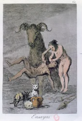 Ensayos (Försök), tavla 60 av "Los Caprichos", slutet av 1700-talet (kolorerad gravyr).